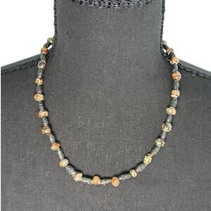 Vintage African Trade Bead Necklace Black Etched Tribal Glass Pattern Boho